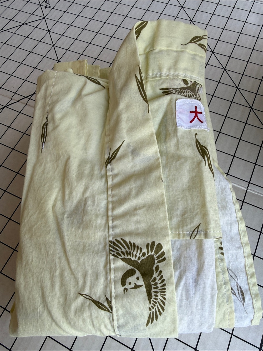 Vintage Japanese Cotton Kimono Yukata Crane Fabric Pale Yellow Reuse Repair Boro